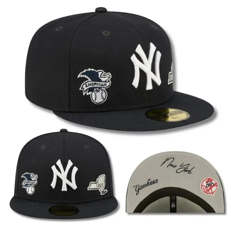 New Era New York Yankees 59FIFTY Fitted Baseball Cap – Black Flat Brim Hat with Raised White NY Logo