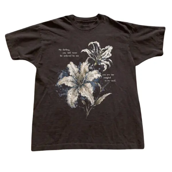 Vintage Lily Flower Graphic T-Shirt for Women And Men, Botanical Floral Illustration Quote Tee, Dark Cottagecore Nature Casual Cotton Shirt