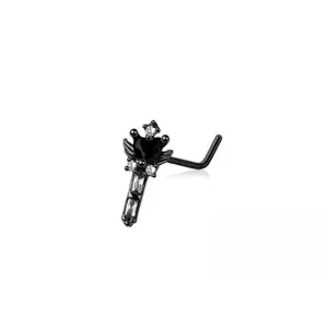 CZ Crystal Winged Heart Stake L-Bend Nose Stud - Black 316L Stainless Steel