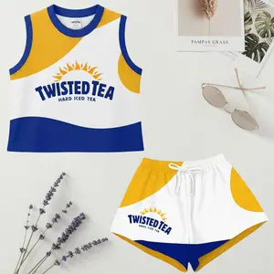 Twisted Tea Women’s Crop Top and Sport Shorts Set, Yellow Blue Color Block Summer Outfit, Gift for Her