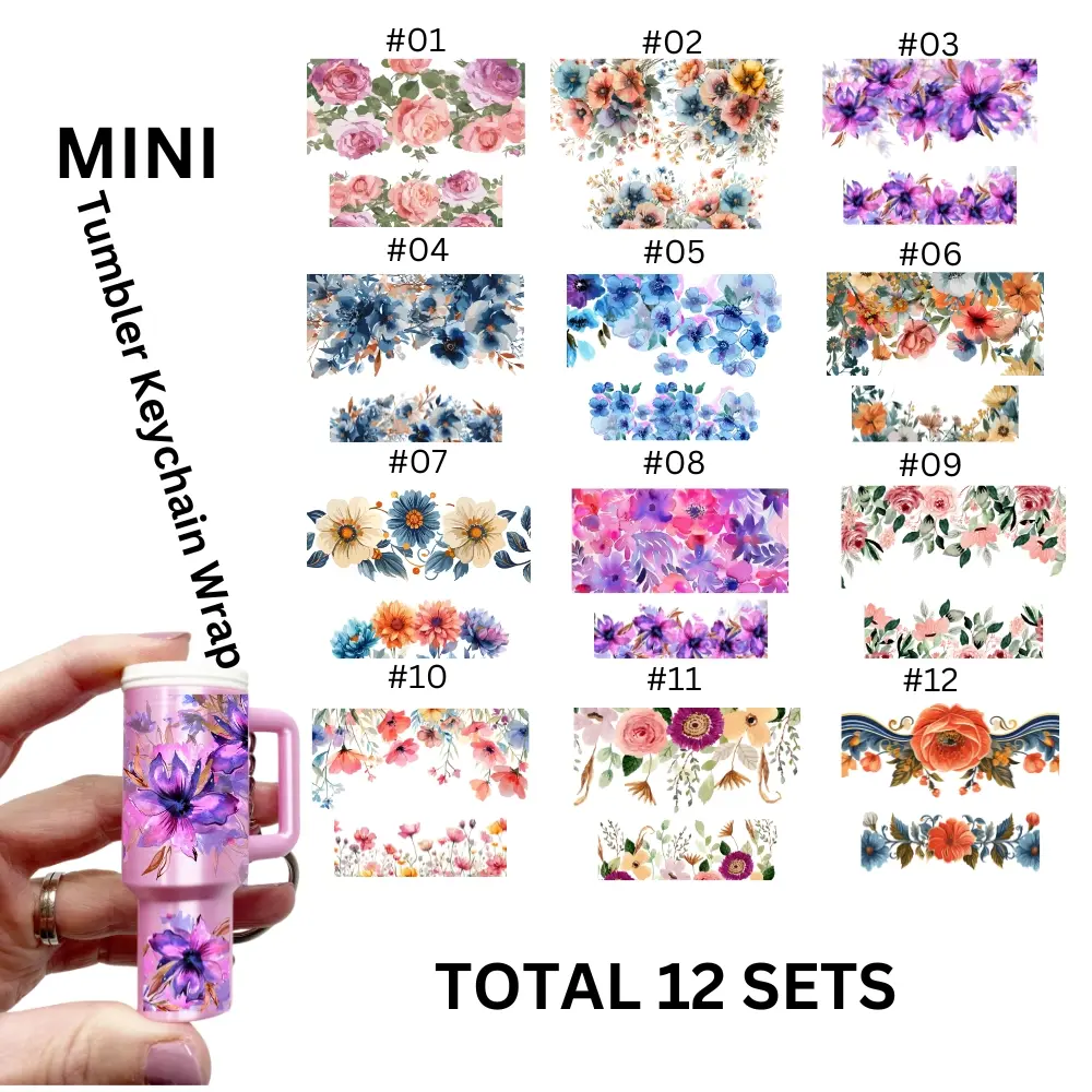 12 Mini UV DTF Keychain Transfer Stickers, Floral Design, DIY Crafts 3D Gloss Finish, Fantasy Design, One-Time Use Crystal Plastic Surface, Customizable Stickers, Floral Pattern Sticker