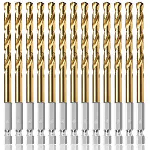 13 Pcs 1/4" Titanium Coated Twist Hex Shank Drill Bit Set, 135 Degree Tip HSS Impact Drill Bit Set with Storage Case for Metal, Aluminum, Steel, Wood, Plastic, Quick Change Design