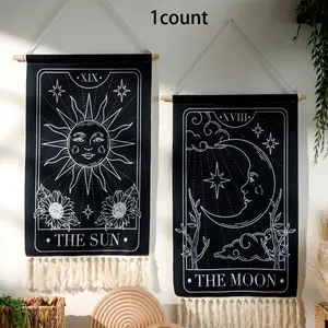 Sun & Moon Pattern Tapestry, 1 Count Bohemian Art Wall Hanging with Tassel, Long Linen Boho Tapestry for Living Room Bedroom Decor
