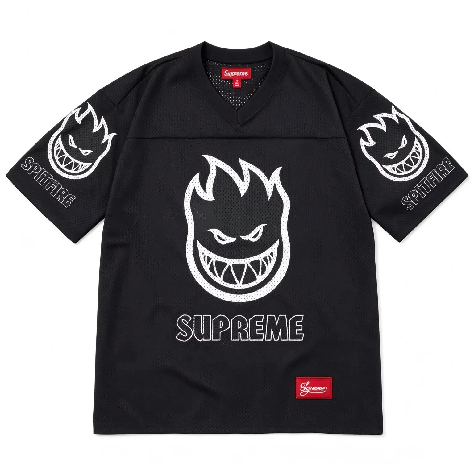 Supreme Spitfire Mesh Basketball Jersey, Black V-Neck Flaming Skull Print Short Sleeve Top, Breathable Athletic Shirt for Streetwear Outfit