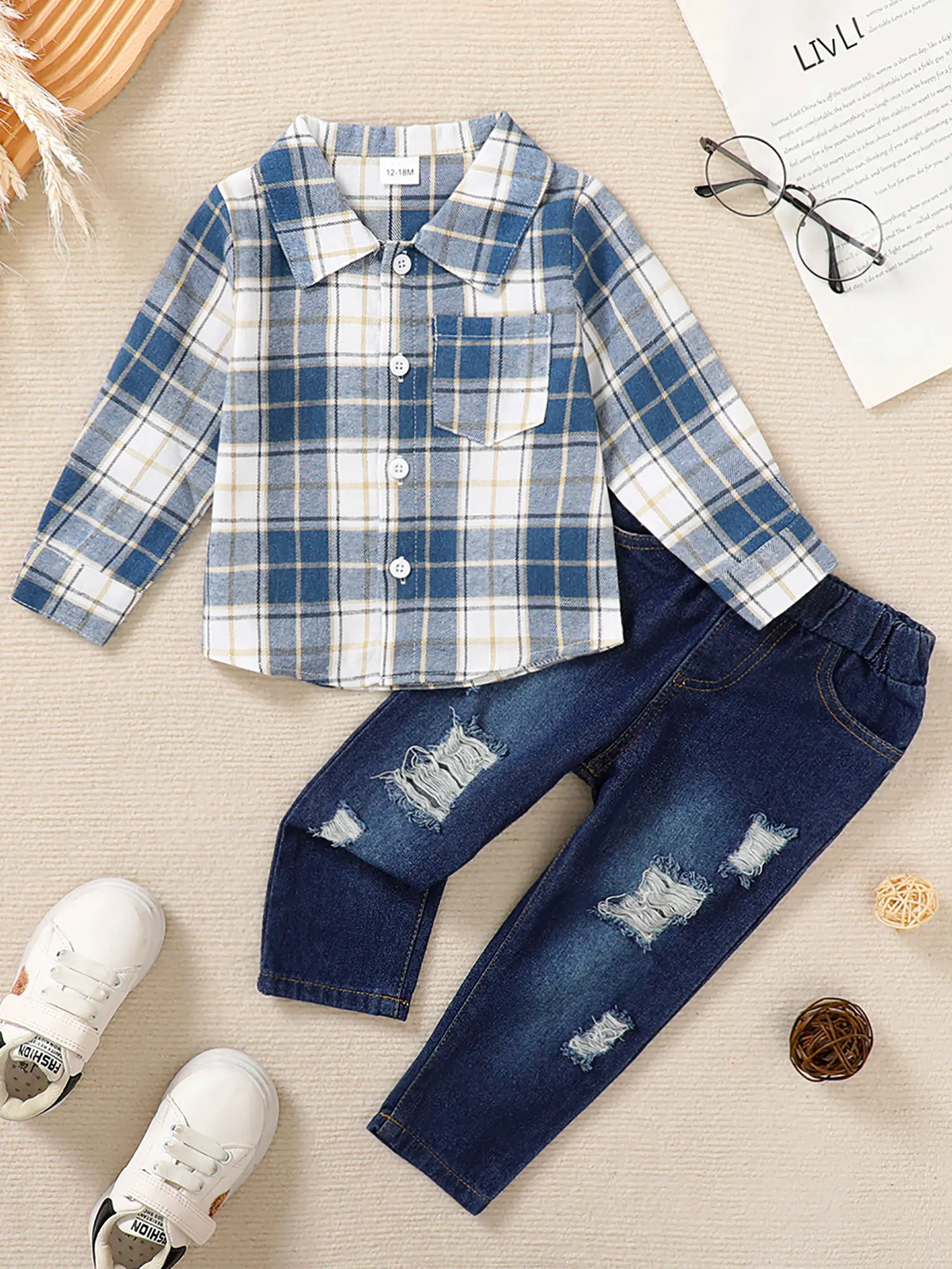 Toddler Boys' 2-Piece Outfit Set - Casual Buffalo Plaid Long Sleeve Button-Down Shirt & Cotton Blend Jeans, Breathable and Lightweight Fall Winter Wear, Clothes, Christmas, Machine Wash, 12-18 Months, One Cute Pocket On The Bust Design