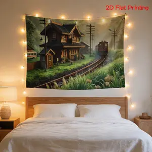 2D Flat, [2D Flat Printing] 1 High Definition Digital Print Tapestry+ Rustic, Railway Station, Lush Greenery, Train+Holiday Gift, Home Decor, Party tapestry, Landscape Wall Art, Nature-Inspired Design, Suitable for Multiple Settings