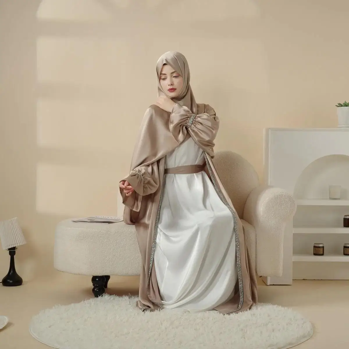 Poet Sleeve Satin Abaya Set | 4-Piece Satin Design | Shimmering Gem Details | Includes Open Abaya, Fitted Inner Dress, Hijab, Belt | Side Pockets & Ro