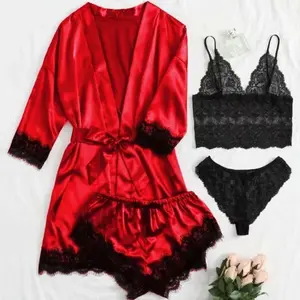 New Women’s Sexy Multi-Piece Sleepwear Set – Lace Satin Strappy Nightdress Loungewear/Homewear Basic
