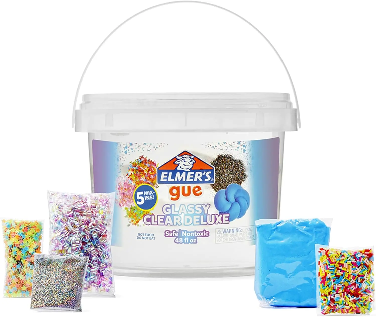 Elmer's Gue Premade Slime, Glassy Clear 3 Lb. Bucket - Includes 5 Sets of Slime Add-ins