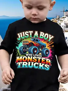 "Just a Boy Who Loves Monster Trucks"-Boy'S Soft Cotton Short Sleeve Crew Neck T-shirt, Vibrant off-Road Design, Machine Washable, Perfect for Everyday Fun