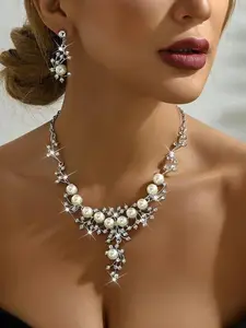 Faux Pearl & Rhinestone Decorated Jewelry Set, Glamour Set, Elegant Necklace & Dangle Earrings, Fashion Jewelry Accessories for Women