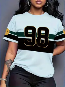 Green black and white striped print "98" digital pattern summer women's short sleeved shirt casual fashion sports daily short sleeved T-shirt