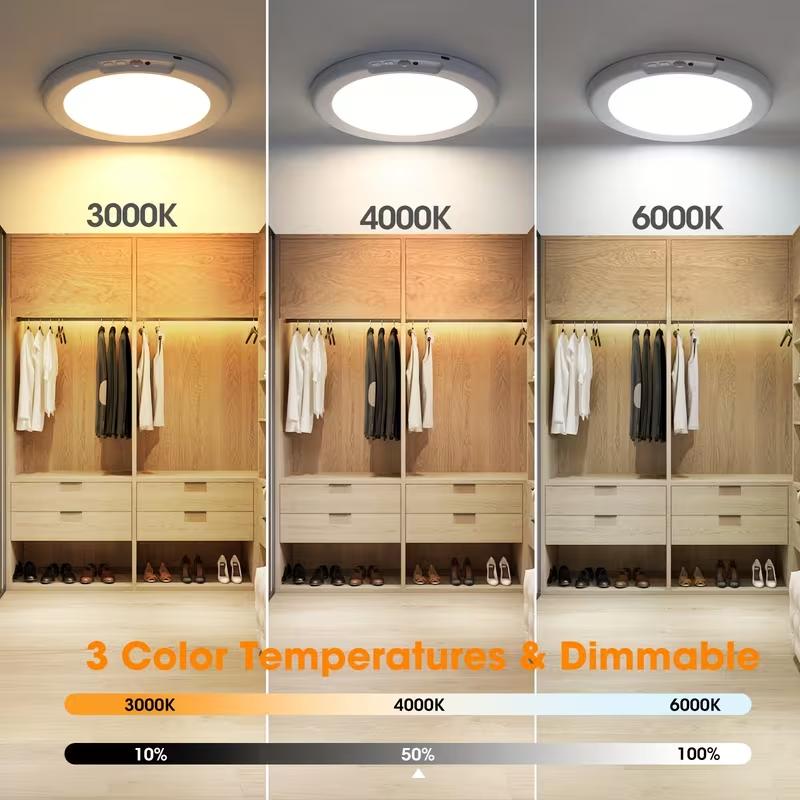 1/2-Pack Rechargeable Motion Sensor Ceiling LED Lights, 3 Color Modes with Remote Control - Magnetic Wireless Ceiling Lights for Closet, Stairs, Garage
