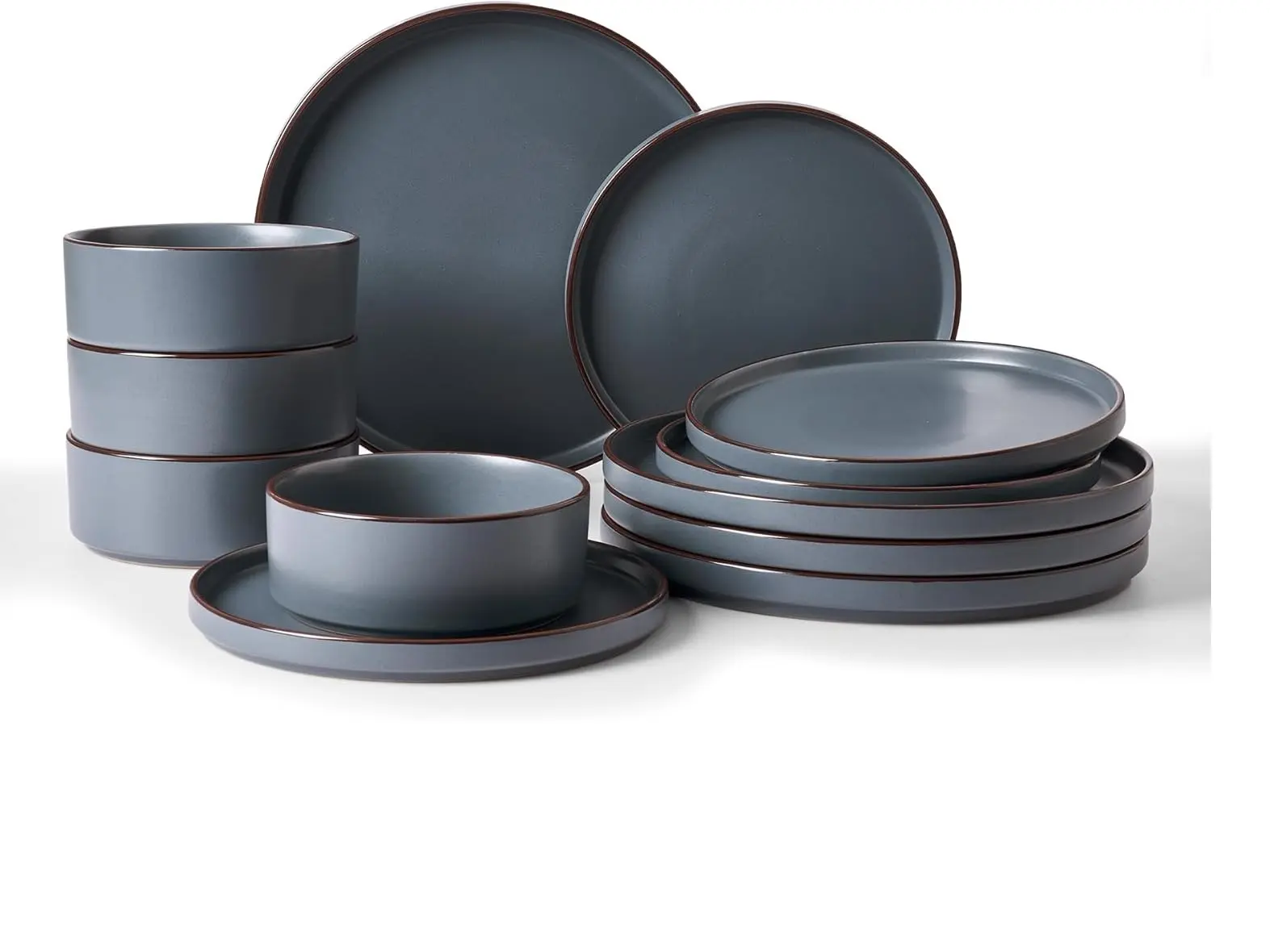 Famiware Nebula Ridge 12-Piece Stoneware Dinnerware Set, Charcoal | Plates and Bowls for 4, Warm Hand-Painted Rims, Microwave and Dishwasher Safe, Daily Essentials