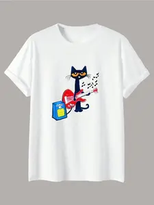 Summer Pete the Cat Rocking Cat Print Short Sleeve Round Neck T-Shirt, Parent-Child, Casual Student Daily Wear, Fun Cartoon Loose Half Sleeve