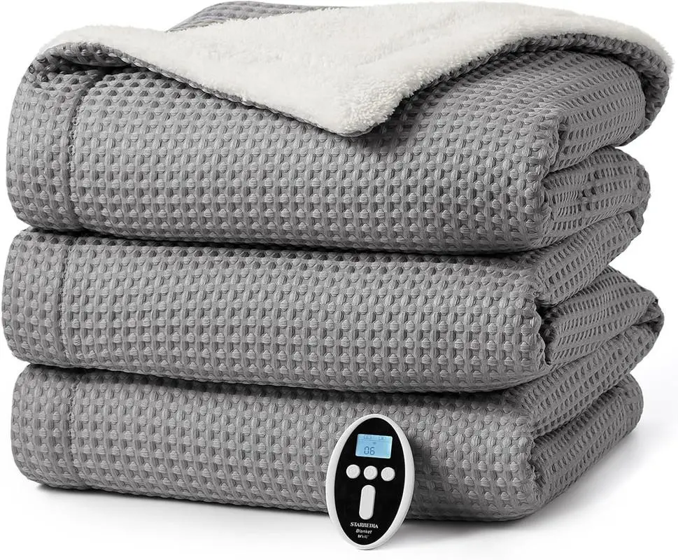 Gaomon Corded Type ETL Certified 90"x100" Grey Waffle Fabric Heated Throw Blanket - Machine Washable Electric Blanket with LCD Controller, 6 Heat Levels, 2-10H Time Settings, Fast Heating for Couch