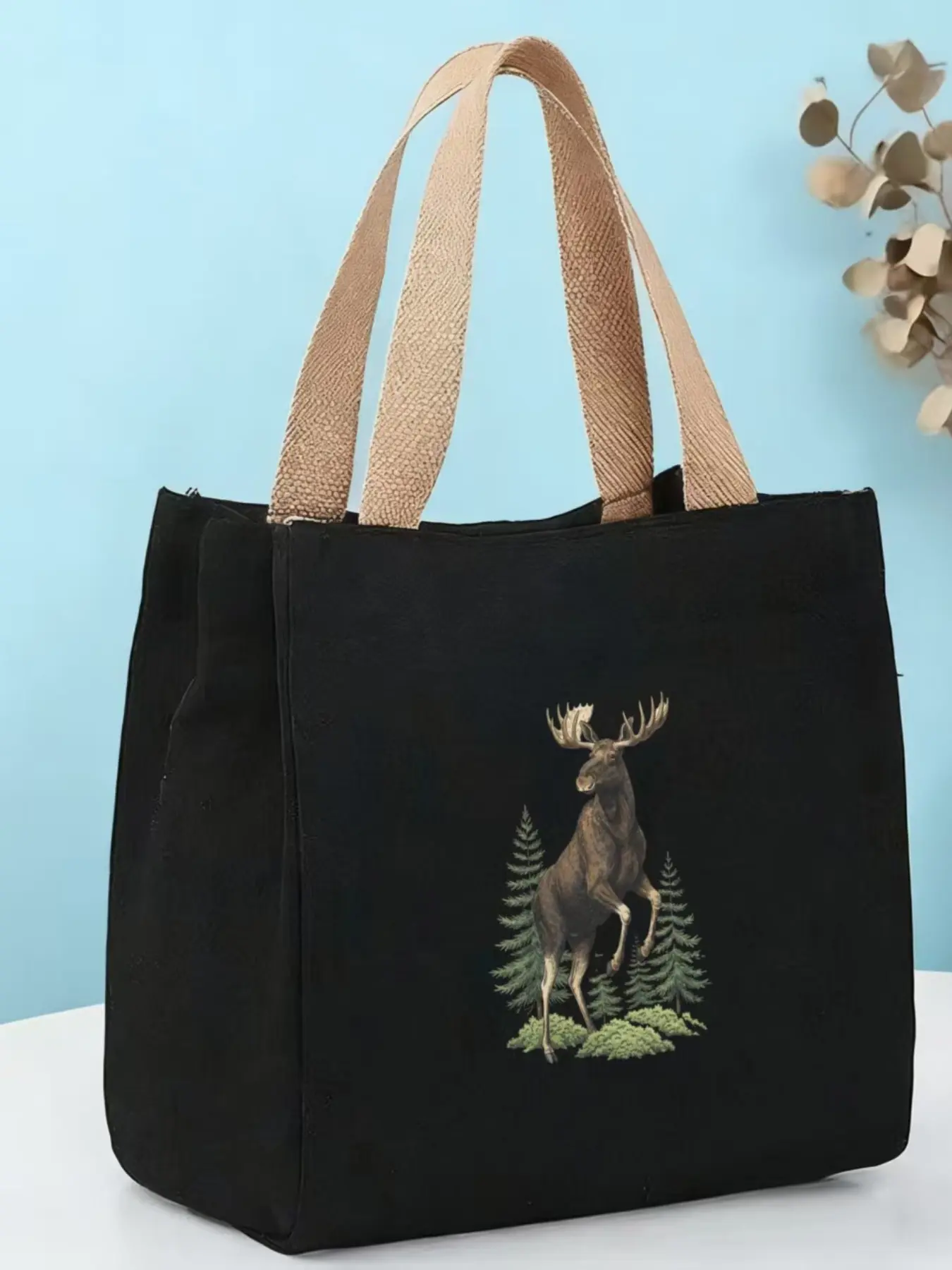 Canvas Tote Bag, Vintage Reindeer Print, Forest Wildlife Theme, Eco-Friendly Reusable Shopping Bag, Large Capacity, Durable, Perfect for Nature Lovers