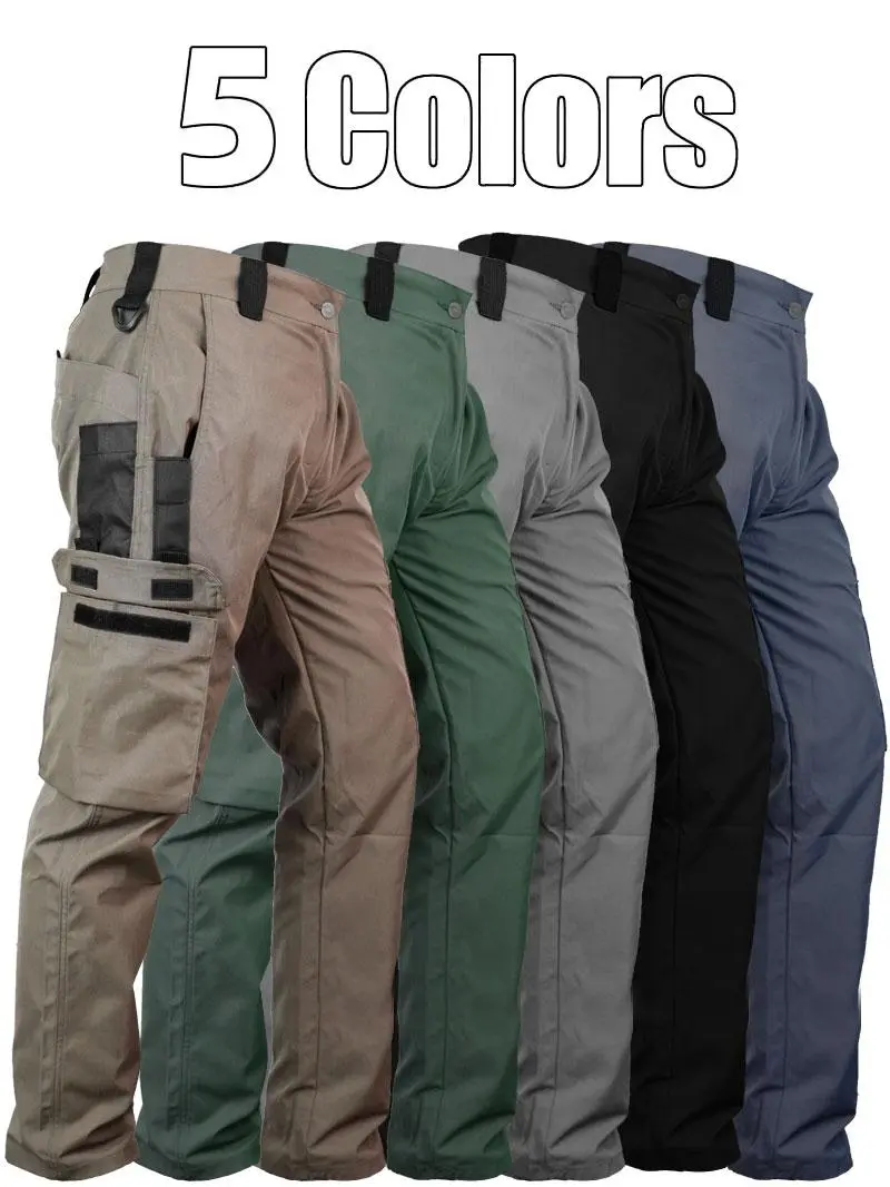 HOMUG Men's durable outdoor training pants, men's multi-pocket work pants, men's solid color and printed pocket zipper waterproof tactical cargo pants without belt, regular fit sports pocket durable autumn pants.