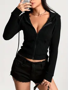 Women's Plain Fashion Style Soft Slim-Fitting Hoodie Tops with Fleece Lining and Zipper Front, Spring & Fall Casual Wear, Stylish Pullover Sweatshirt