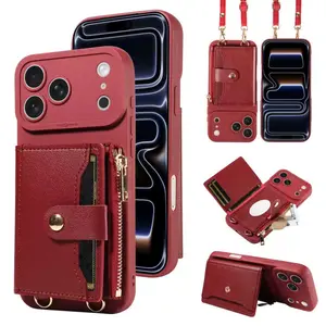 Multifunctional Phone Case Cover Casing with Mirror and Long Strap, Anti-Drop Crossbody Bag for iPhone 17 Pro Max/17/16 Pro Max/15/14 Series