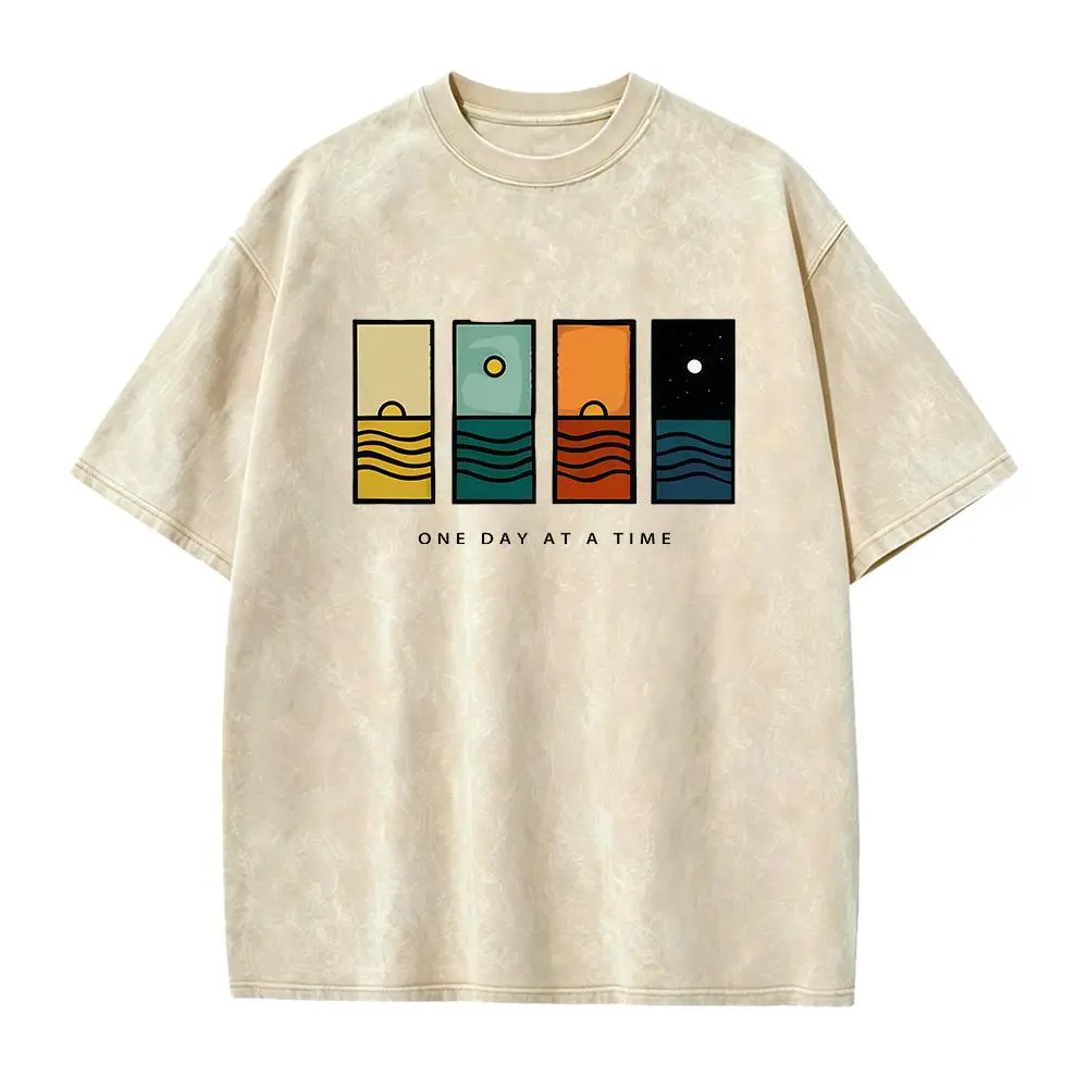 Acid Wash Vintage One Day At A Time Graphic T-Shirt, Minimal Retro Daily Casual Tee, Heavyweight Cotton Streetwear Unisex Crewneck Tshirt
