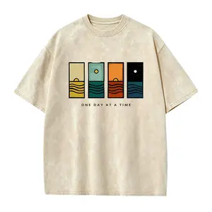 Acid Wash Vintage One Day At A Time Graphic T-Shirt, Minimal Retro Daily Casual Tee, Heavyweight Cotton Streetwear Unisex Crewneck Tshirt