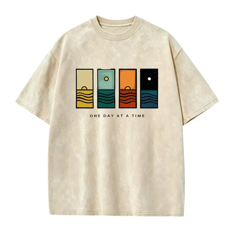 Acid Wash Vintage One Day At A Time Graphic T-Shirt, Minimal Retro Daily Casual Tee, Heavyweight Cotton Streetwear Unisex Crewneck Tshirt
