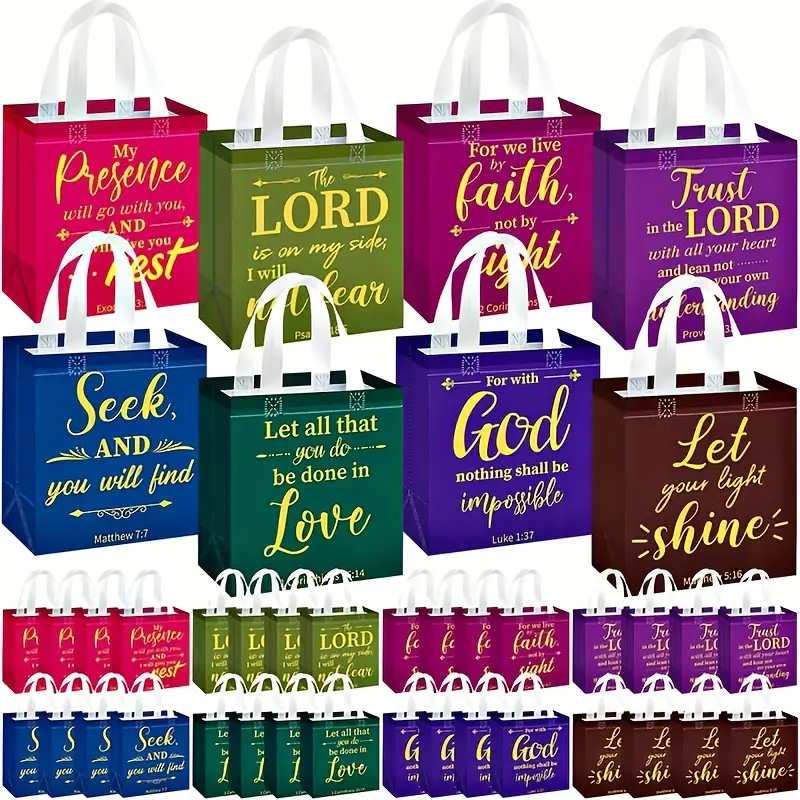 GINETARR 32/64 items, 8 colors with handles - Christian religious gift bags with handles, reusable Bible verse gift bags, medium-sized non-woven bags, suitable for church, wedding, baptism and party supplies