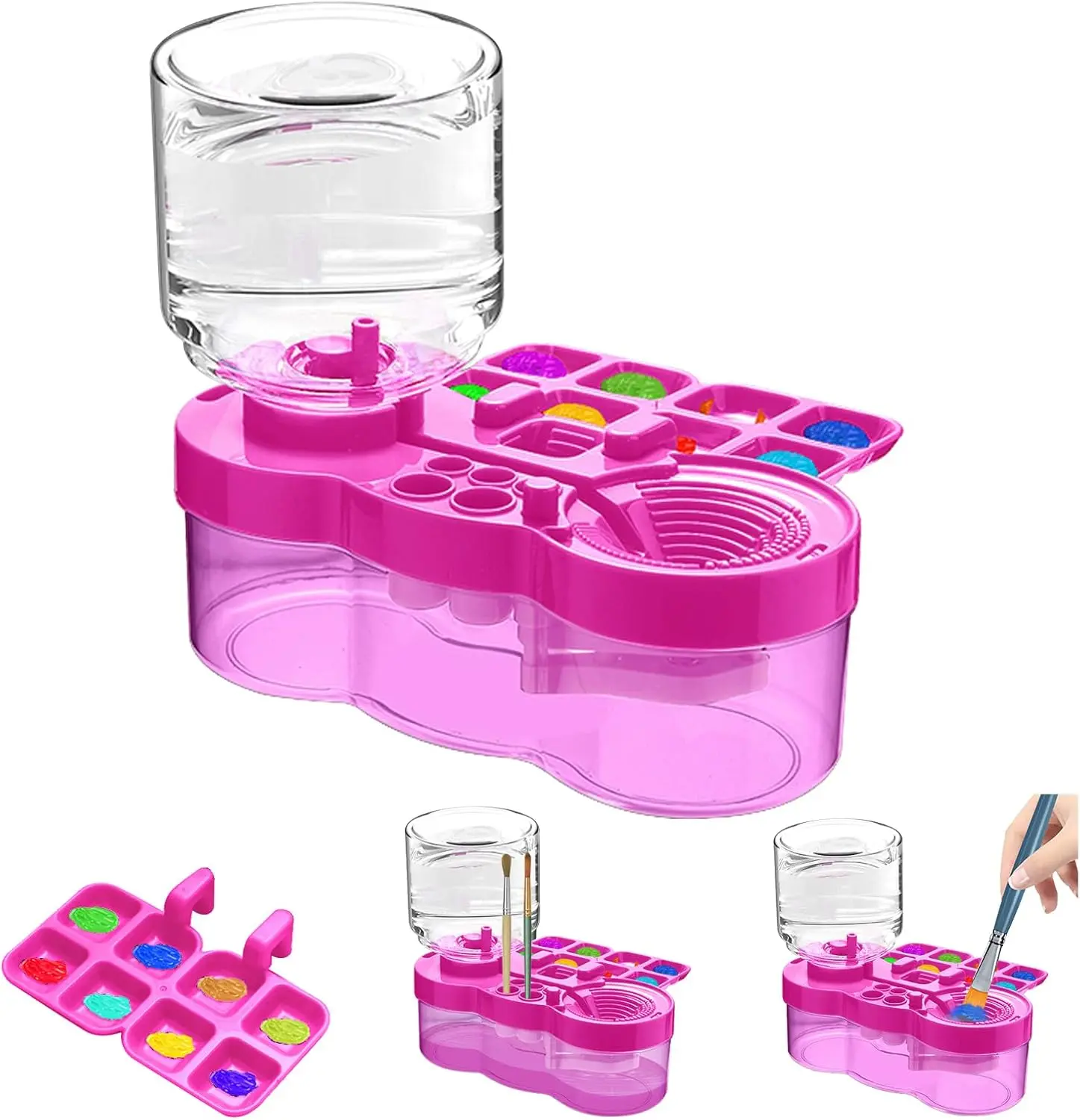6-in-1 Upgraded Plastic Art Brush Cleaner Set - Compact Craft Supplies for Children, DIY Painting Gift with Palette, Drain, Brush Holder, Cup Holder, Water Storage Tank, Automatic Water Circulation (Acrylics, Watercolors Compatible), Artist Supplies