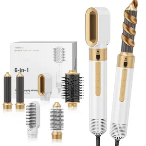 6-in-1 Hot Air Brush, Multifunctional Hair Dryer Brush, Curling & Straightening Styler, Automatic Rotating Blow Dryer Platinum (With Brown Leather Box)