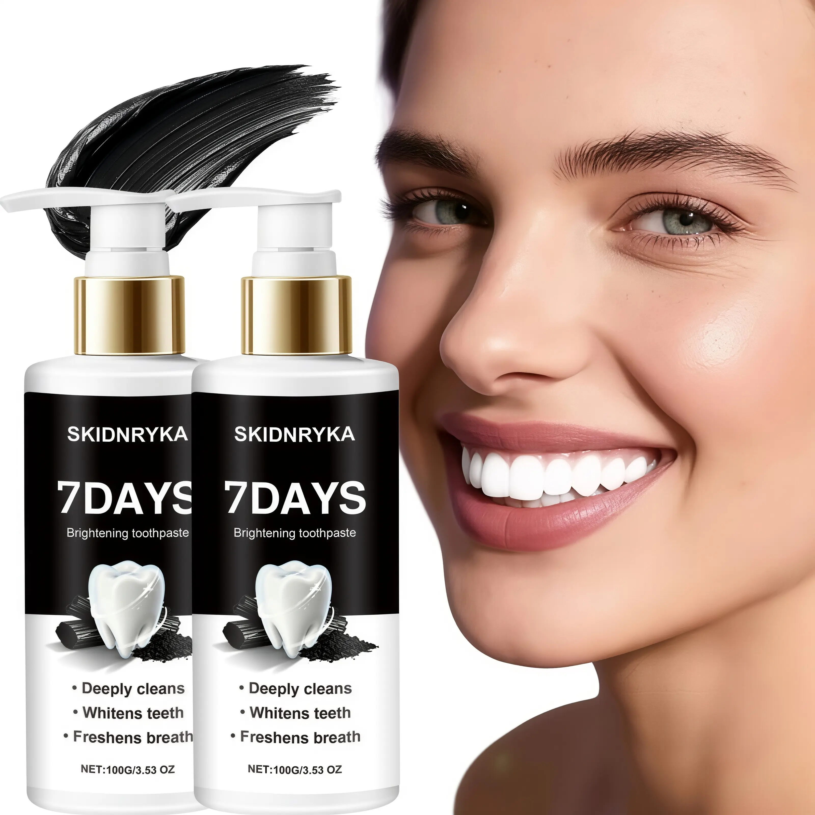 7D bamboo charcoal black toothpaste, refreshing mint flavor, cleans and whitens teeth, freshens breath for a confident smile, pump-press design for easy use, travel size, oral care and health gift