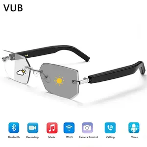 Smart Glasses Rimless Smartglasses with Bluetooth Speaker,Remote Control Photo Taking/Indoor Protection Voice Control (Anti-Bluelight Lenses)