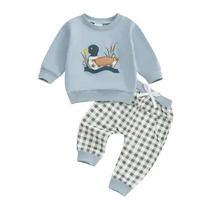 Toddler Baby Boy Fall Clothes Set Long Sleeves Mallard Duck Embroidery 2 Pcs Outfits Casual Baby Boy Pullover Tops Pants Set Newborn Sweatshirt Sweatpants Outfit