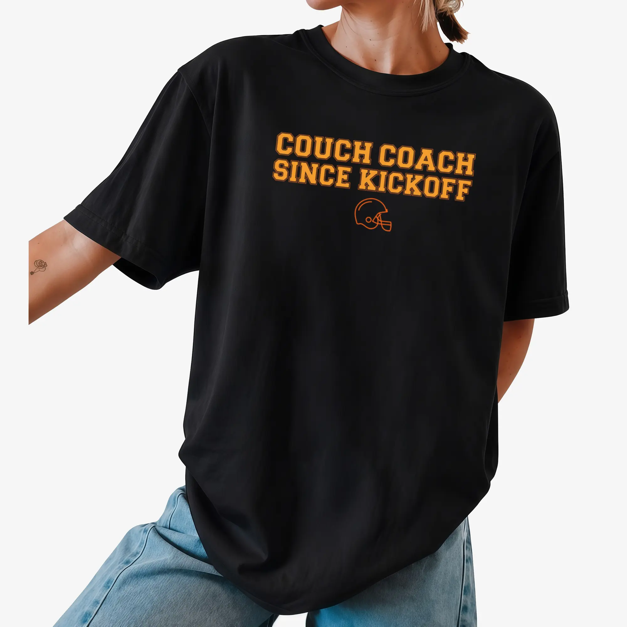 Vintage Athletic Lettering T Shirt Featuring Couch Coach Since Kickoff Slogan Suitable For At Home Game Viewing And Casual Weekend Outings