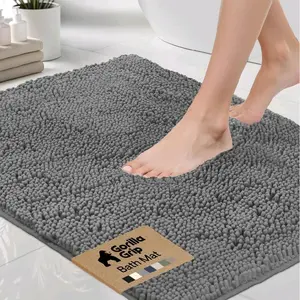 Chenille Bath Rug 24x17, Rubber Backing Quick Dry Washable Microfiber Mats, Grey