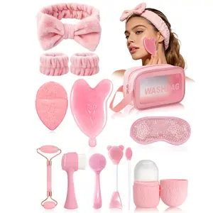 13pcs Facial Beauty Massage Set, Self Care Tools, Face Massager Roller, Face Lifting Roller, Ice Pack Tools, Eye Mask, Cleansing Brush, Sponge, Hair Tie, Wrist Strap, Storage Bag, Facial Beauty Massagers