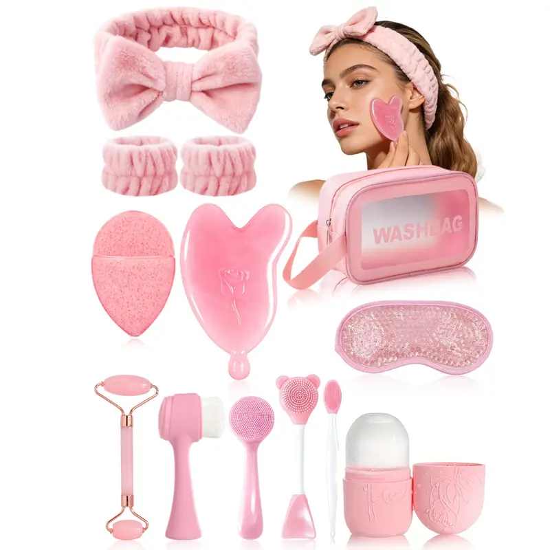 13pcs Facial Beauty Massage Set, Self Care Tools, Face Massager Roller, Face Lifting Roller, Ice Pack Tools, Eye Mask, Cleansing Brush, Sponge, Hair Tie, Wrist Strap, Storage Bag, Facial Beauty Massagers
