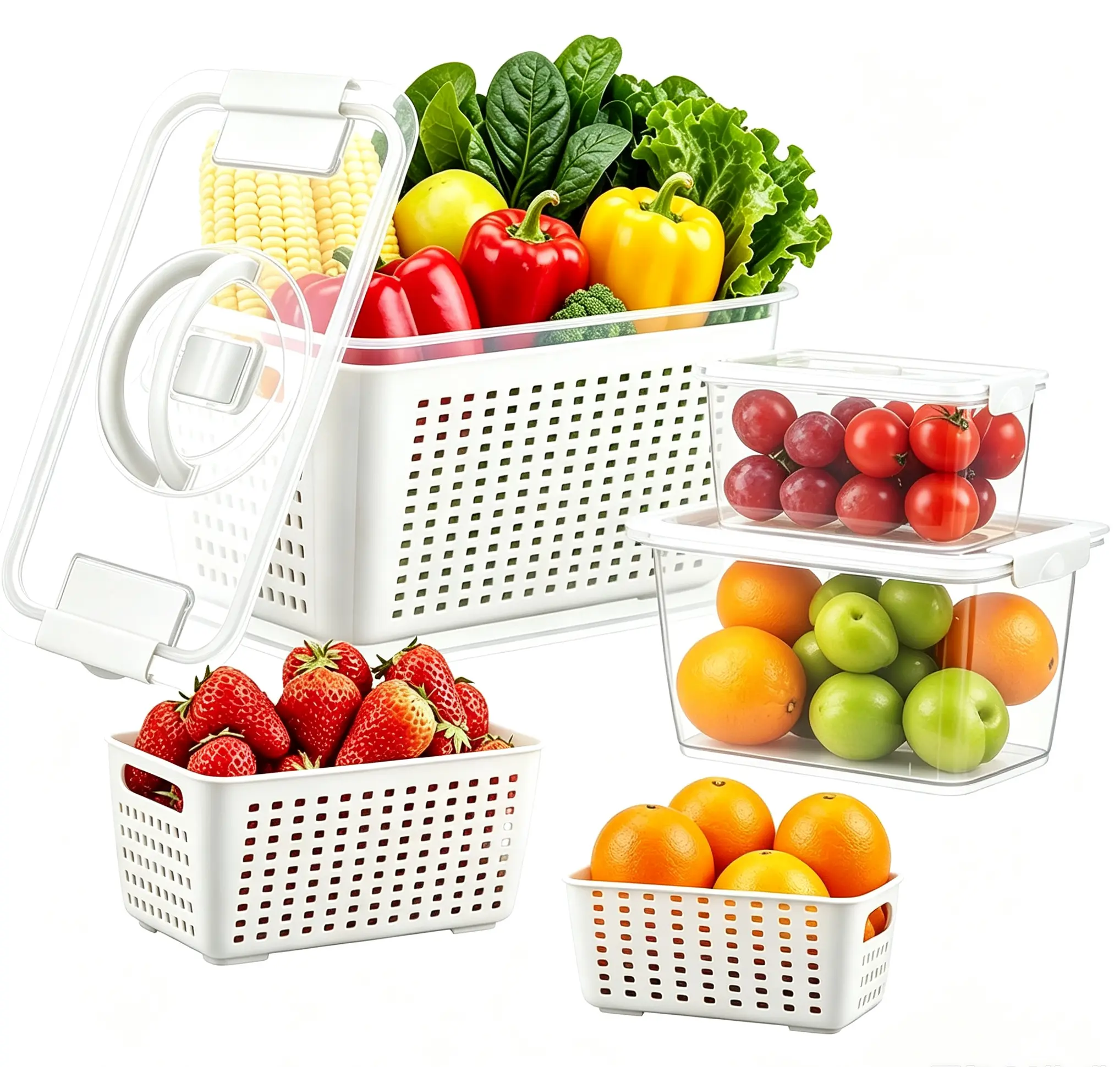 LUXEAR 3-Set BPA-Free Airtight Hermetic Food Storage Bins (0.5L,1.7L,4L) - Bowl with Lid Cold/Freezer Safe Containers, Large Container with Removable Colanders, Dishwasher-Microwave Safe for Fruits, Vegetables, Bowl With Lid Food Storage