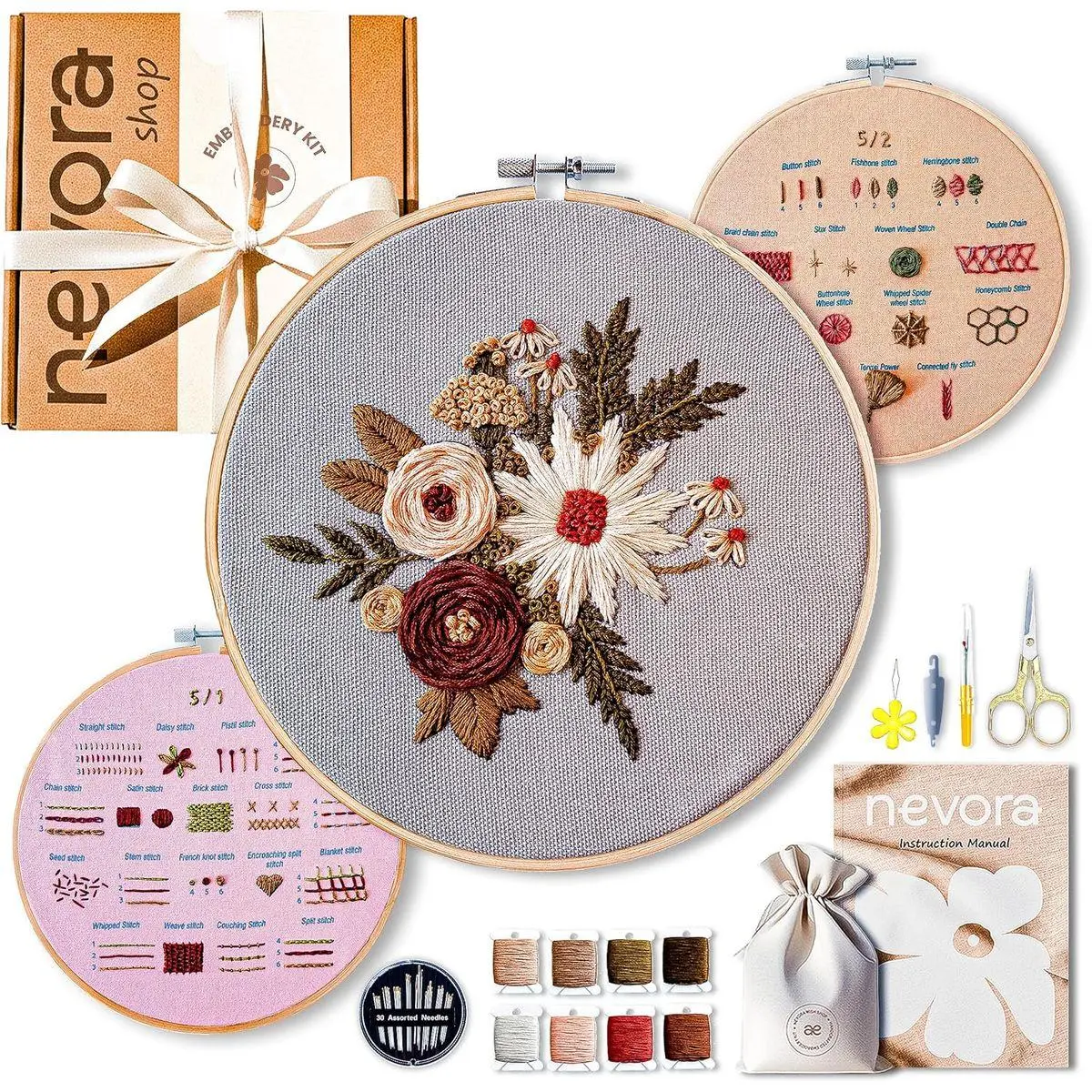 3 Hoop Embroidery Kit for Beginners Adults - Mothers Day Gift, Learn 32 Stitches with 3 Progressive Projects, Stamped Patterns, Video Tutorial & Free Organizer Bag.