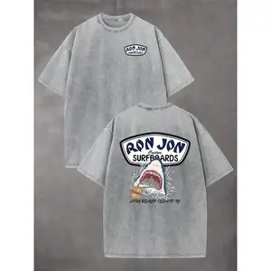 Neutral Ron Jon Surfboard Shark Pattern Washed T-Shirt | 100% High Quality Cotton | Oversized Loose Fit | Retro Beach Surfing Aesthetic | Y2K Casual Streetwear | Fashionable Summer Top | Men's FashionGARMENTARY