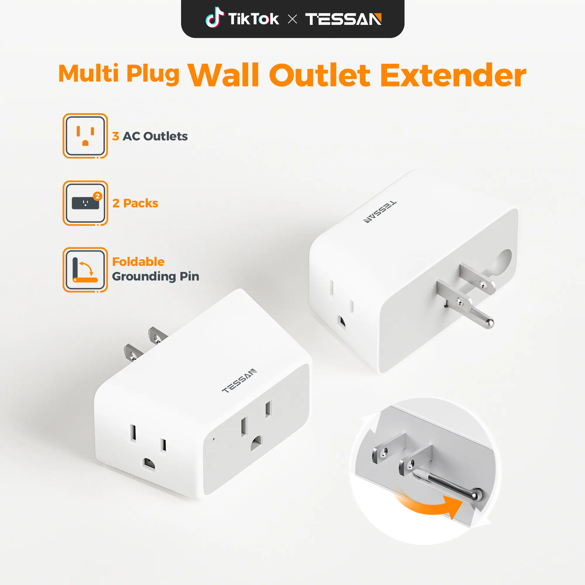 Multi Plug Wall Outlet Extender 2 Packs, TESSAN 3 AC Plug Extension Outlet Splitter, 3 Way Plug Adapter, 3 Prong to 2 Prong Adapter ,1875W Max for Cruise Ship, Home, Office, Dorm, Travel Essential