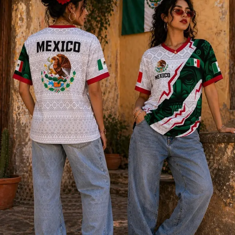 Mexico Soccer T-shirt 2026 White, Aztec Ethnic Geometric Print Pattern Shirt, Mexican Pride Futbol Tee, Eagle Crest T-shirt, Mexico Fan Apparel