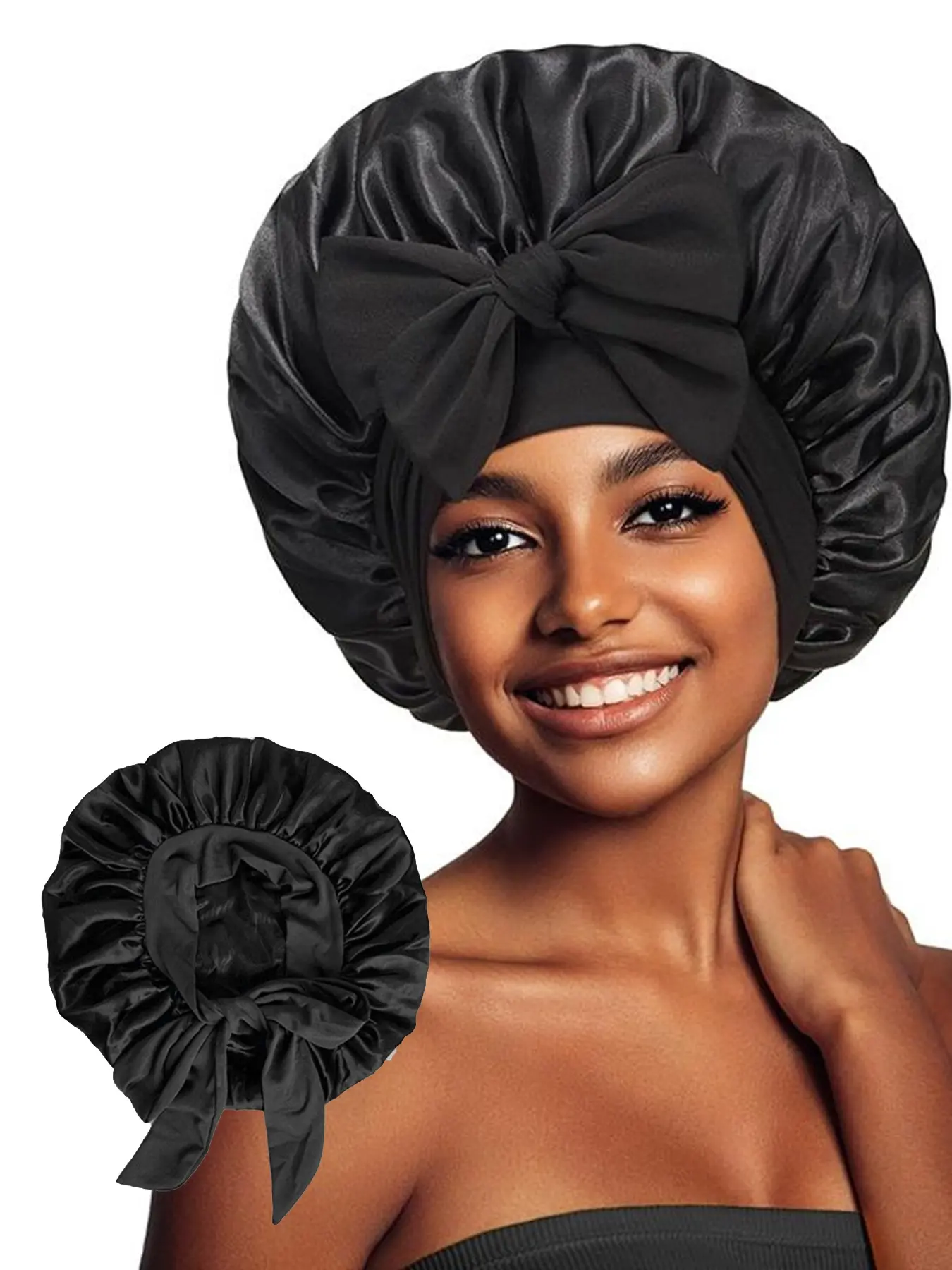 Luxury Silky Satin Sleep Cap With Soft Ruffle & Adjustable Bow, Anti-Frizz Hair Protection Bonnet For Curly Hair, Night Sleep Hair Cover For Women, Suitable For Salon Care, Travel & Nighttime Use, Curly Hair Nightcap