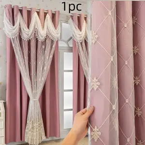 1pc European Luxury Rhombus Embroidered Double Layer Blackout Home Decoration Curtain, Sunscreen Insulation, High-End Floor-To-Ceiling Drapes for Bedroom Living Room
