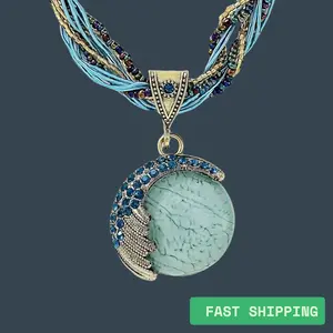 Boho Handmade Natural Stone Necklace – Vintage Style Crystal Gem Pendant, Beaded Healing Jewelry Inspired by Navajo & Moonstone Magic
