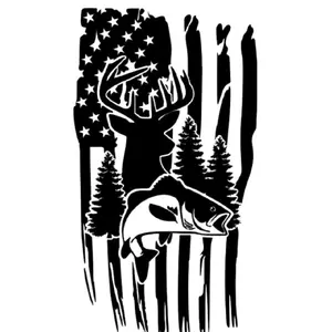 Deer silhouette with fish and trees American flag vinyl window decal