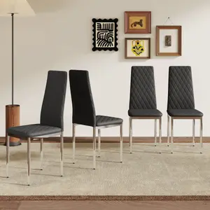 Bellemave]Modern Style Dining Chairs Set of 4/6 in Black, Essential for Minimalist Homes.Meeting Family Dining Needs,PU Material Seat,Silver Metal Legs,Blending into Various Home Environments