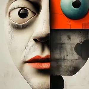 Dedgi Art - Abstract Artwork Featuring a White Face and Orange Eye, Unique and Creative Design