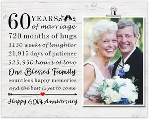 60th Wedding Anniversary Picture Frame - Diamond Anniversary Decorations for Mom and Dad, Happy 60th Anniversary Frame Gifts Valentines Day 2025