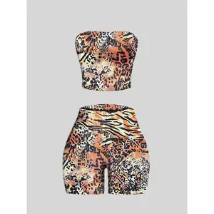 Two piece women's leopard print crop top and tight shorts, casual, fashionable and comfortable, suitable for daily outdoor wear, spring and summer women's clothing, setRAIMENTRY